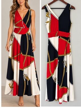 Ralph Lauren Women’s Nautical Scarf Print Rope Chain Sleeveless Maxi Dress 6